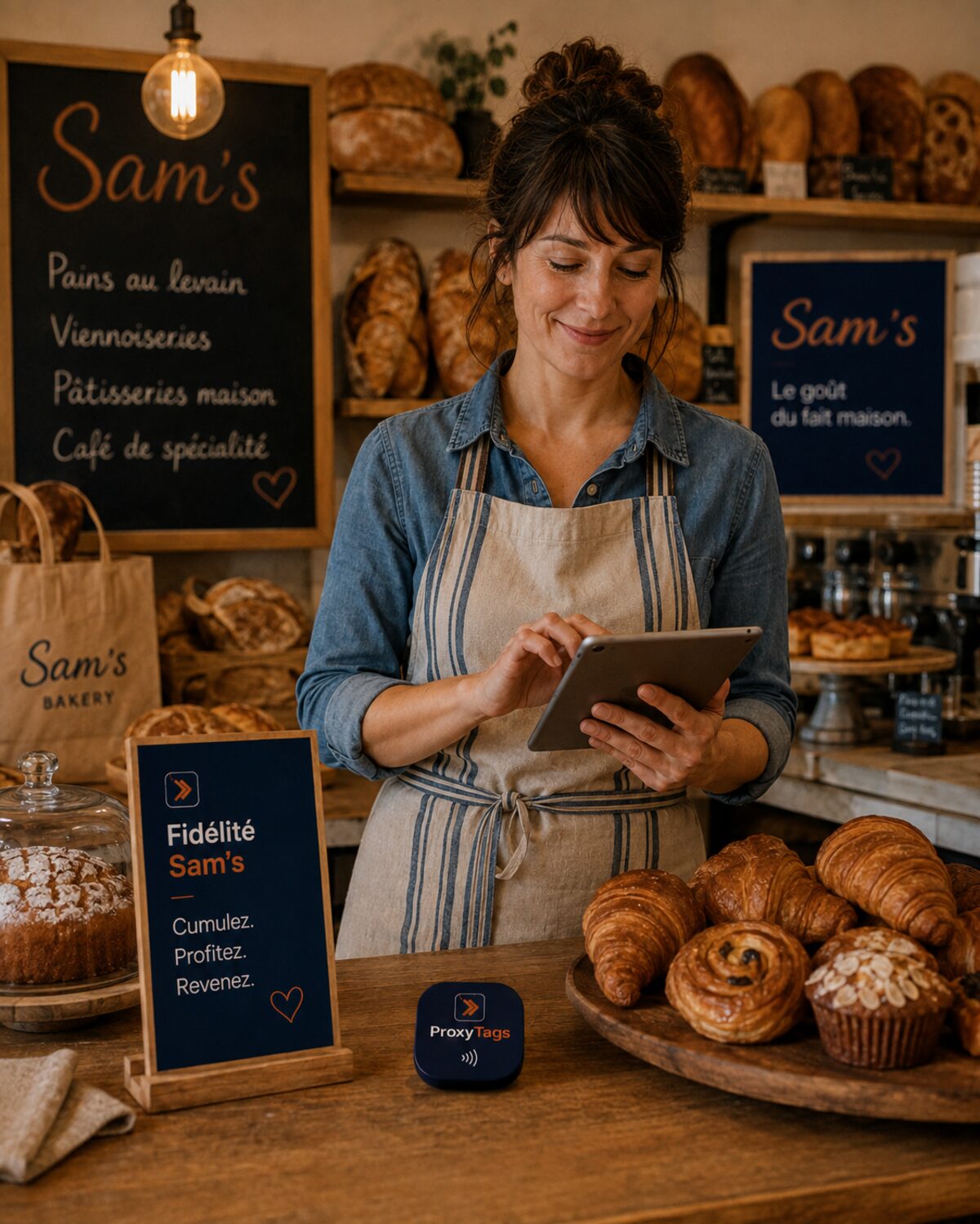 Sam à la caisse de sa boulangerie, un tag ProxyTags posé sur le comptoir à côté des viennoiseries