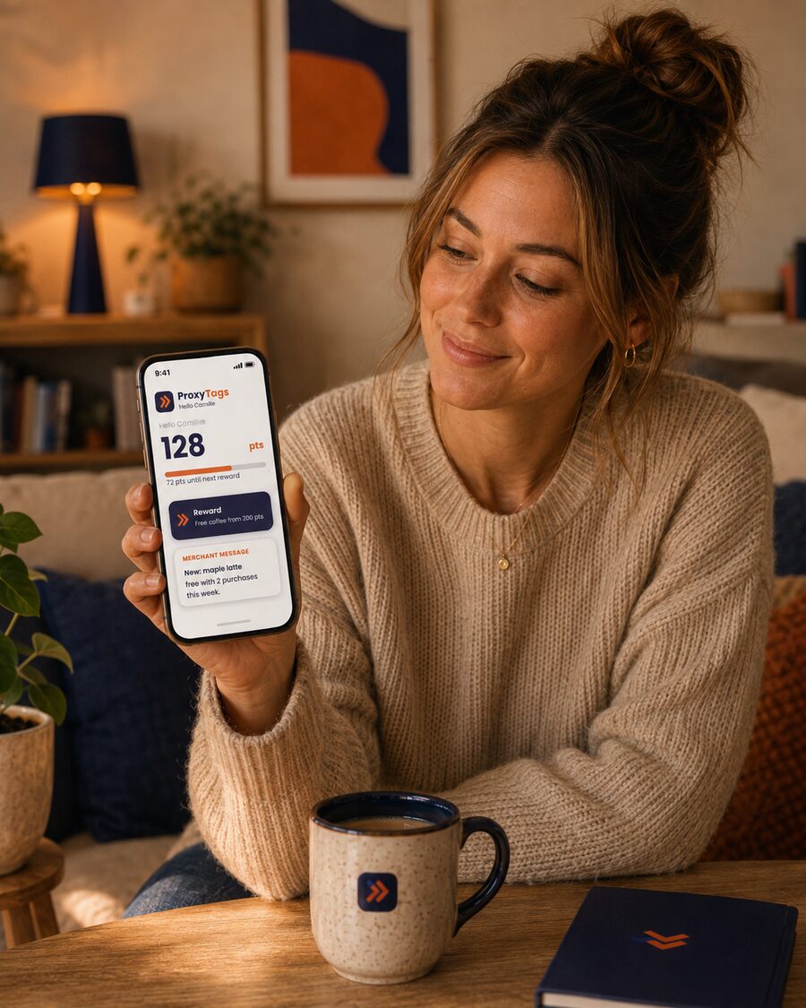 A customer checking her ProxyTags points balance and reward on her phone
