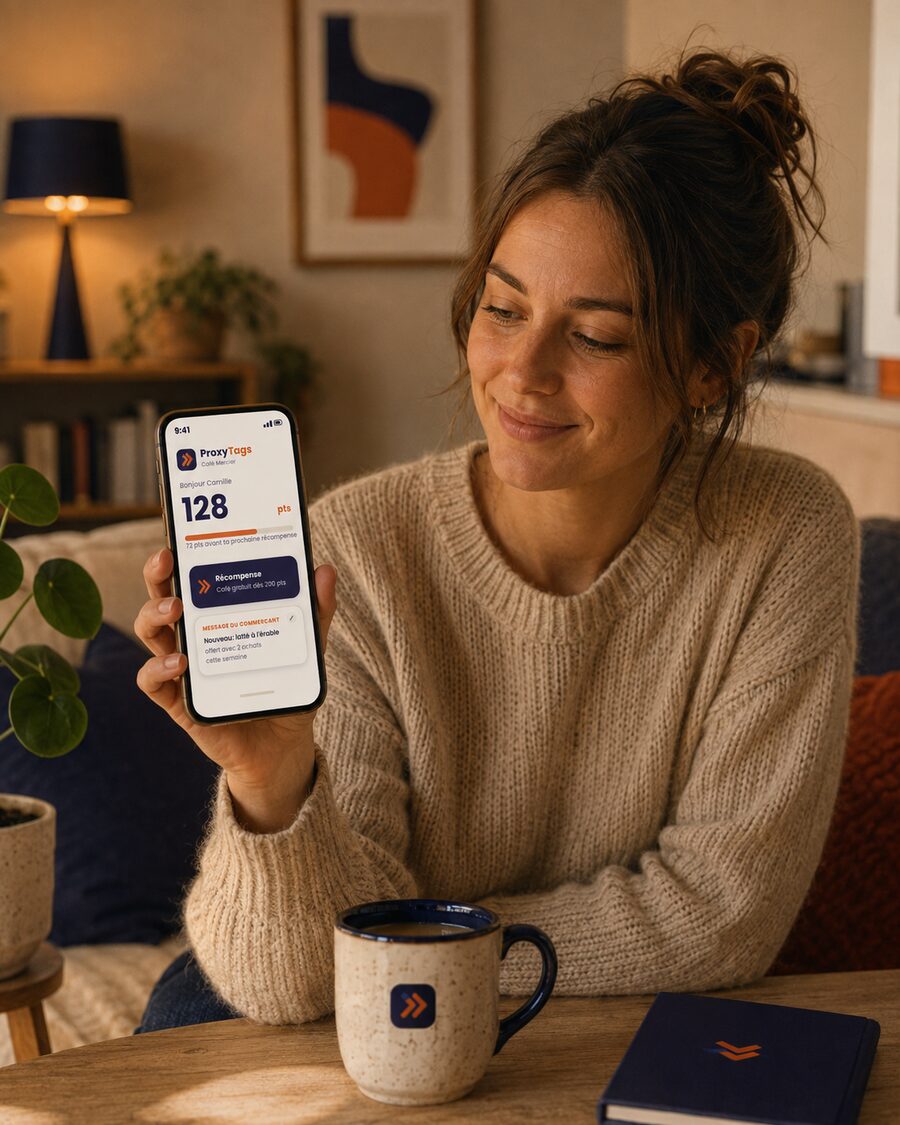 Une cliente consulte son solde de points et sa récompense ProxyTags sur son téléphone
