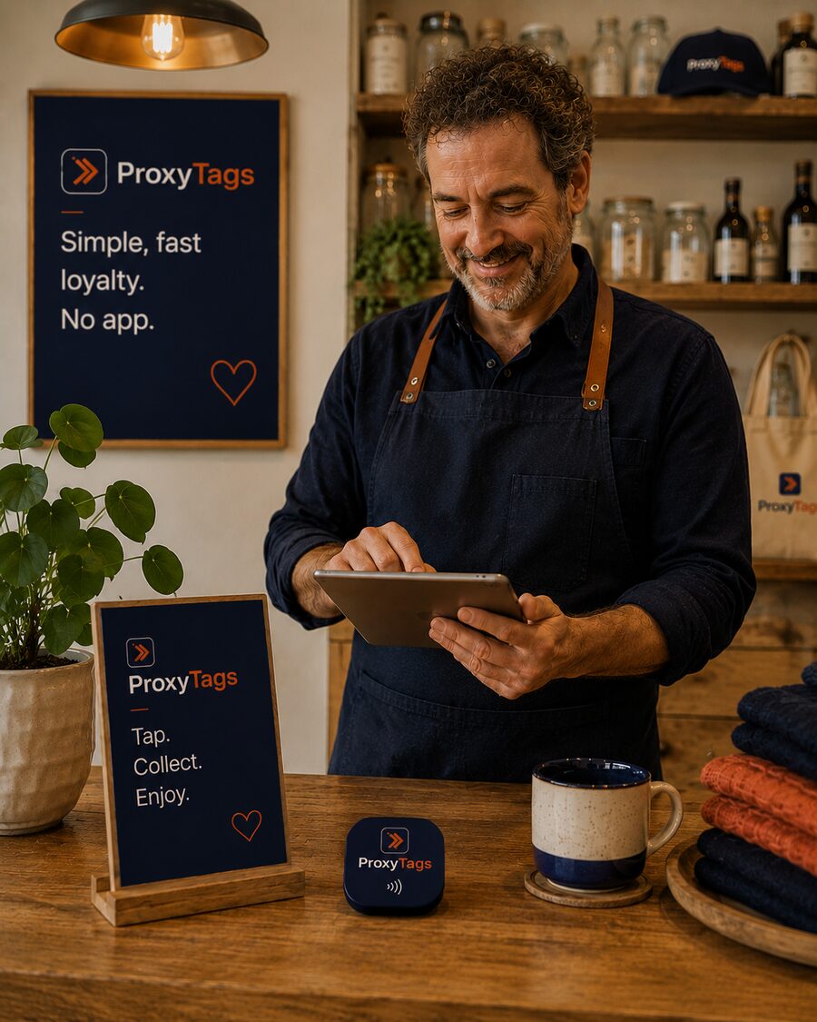 Sam behind the counter of his bakery-café, a ProxyTags tag near the register