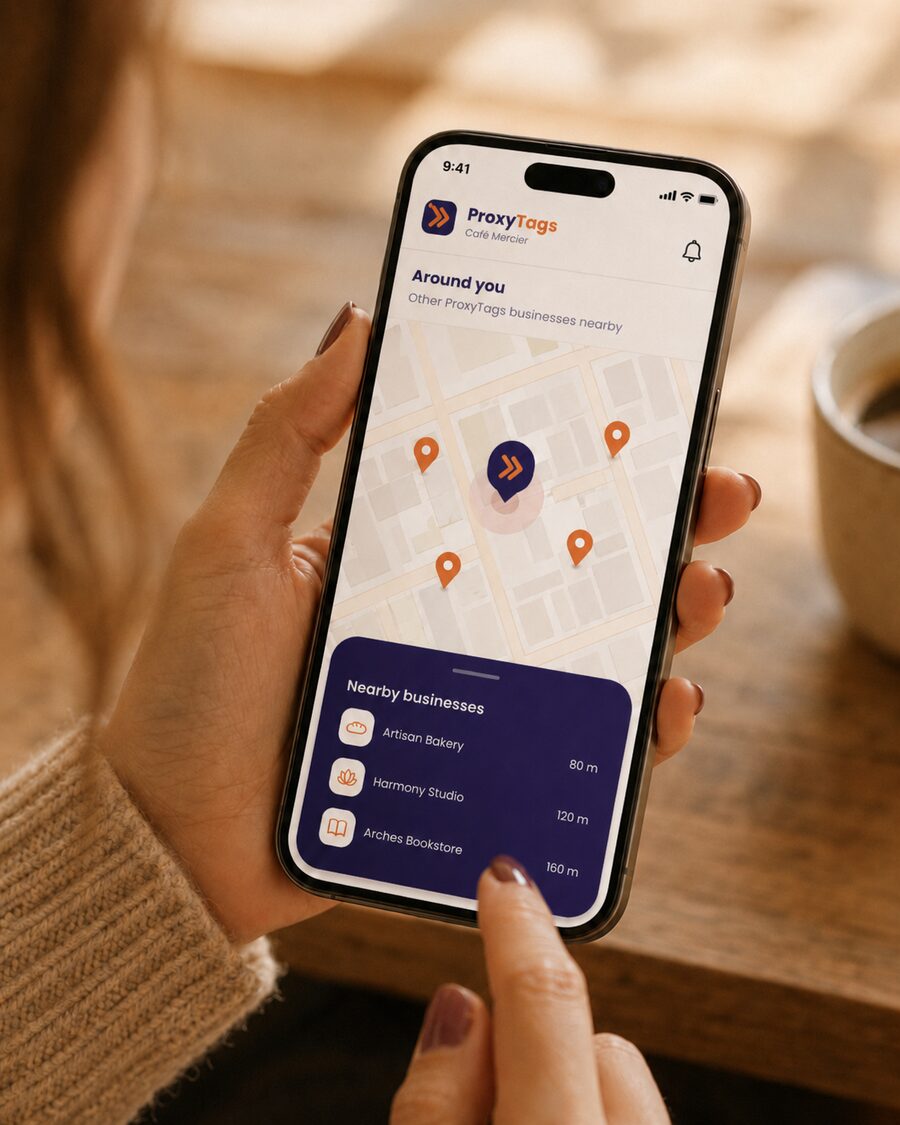 A customer discovering nearby ProxyTags businesses on her phone