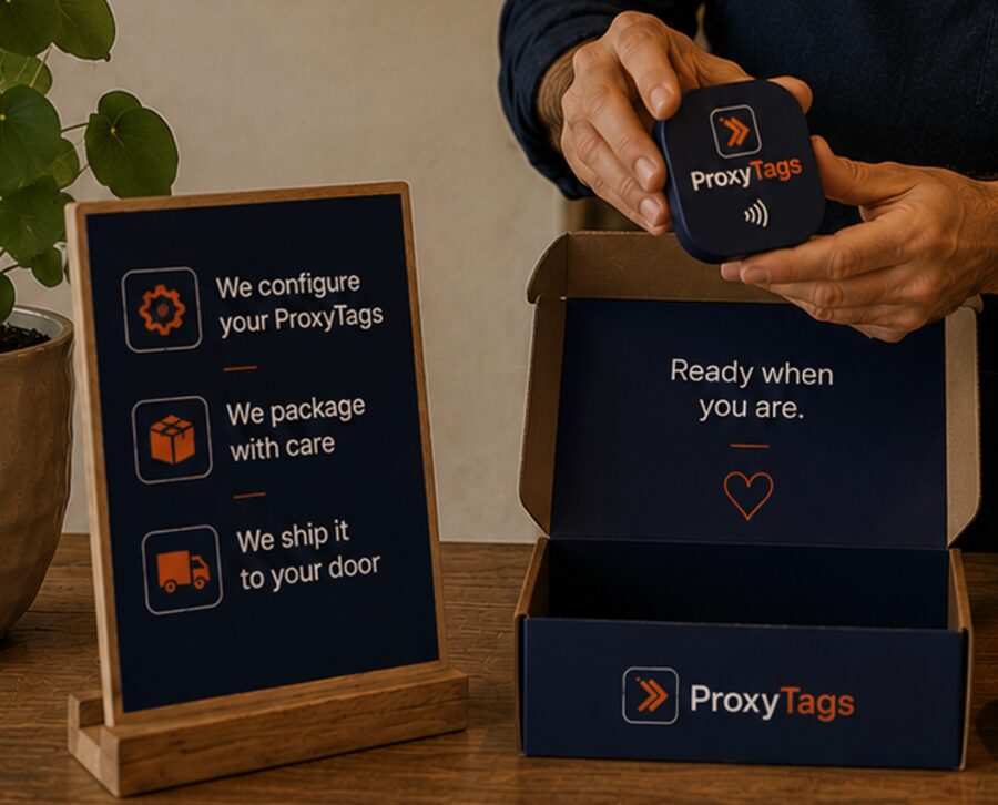 A merchant unboxing his freshly delivered ProxyTags tag, ready to use