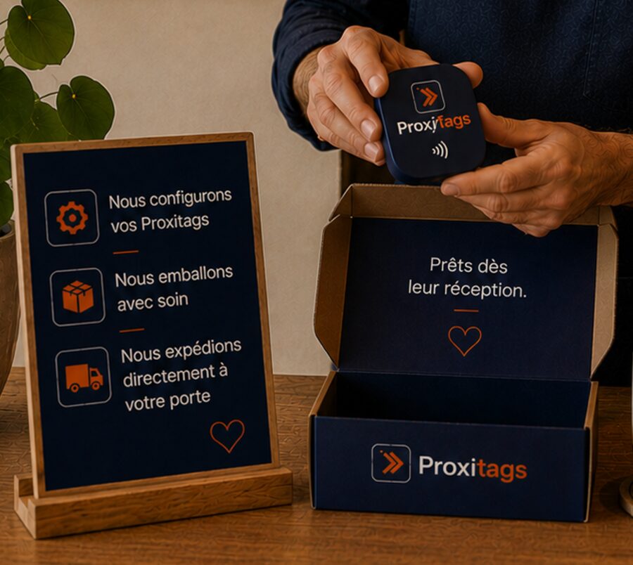 Un commerçant déballe son tag ProxyTags fraîchement reçu, prêt à l'emploi