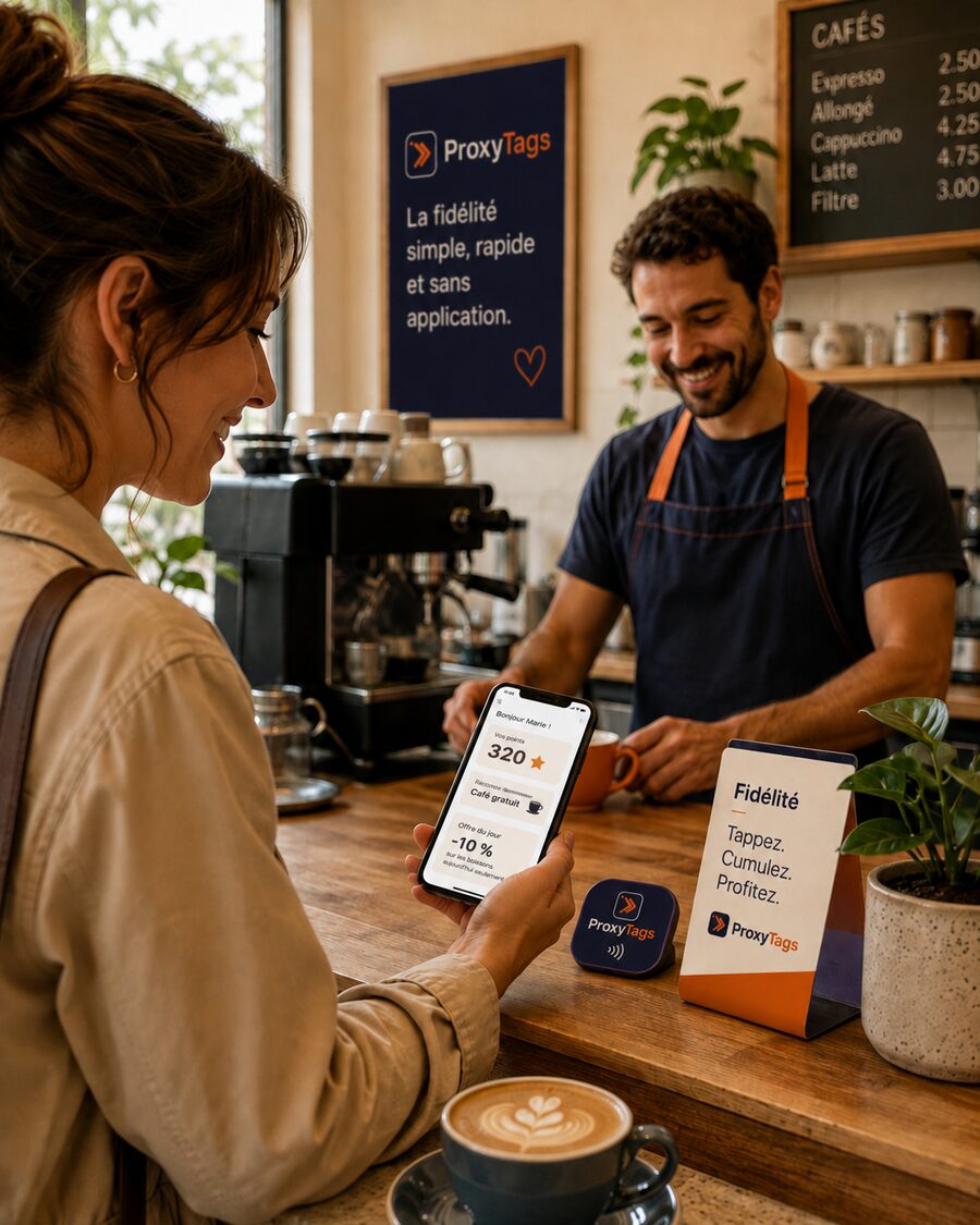 Un client consulte son compte de fidélité ProxyTags sur son téléphone, assis dans un café